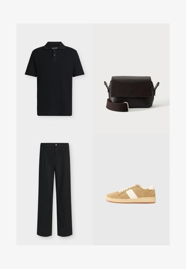 Polo noir manches courtes avec une patte à deux boutons et un col classique, présenté sur un fond gris clair uni.; Pantalon noir droit avec plis à l'avant, passants pour ceinture et ceinture boutonnée.; Baskets en daim brun clair avec des accents en cuir blanc. Équipées d'une semelle en caoutchouc beige, d'un bout arrondi et d'un design à lacets classique.; Sac bandoulière en cuir marron foncé avec fermeture à rabat et sangle en tissu réglable sur fond blanc.