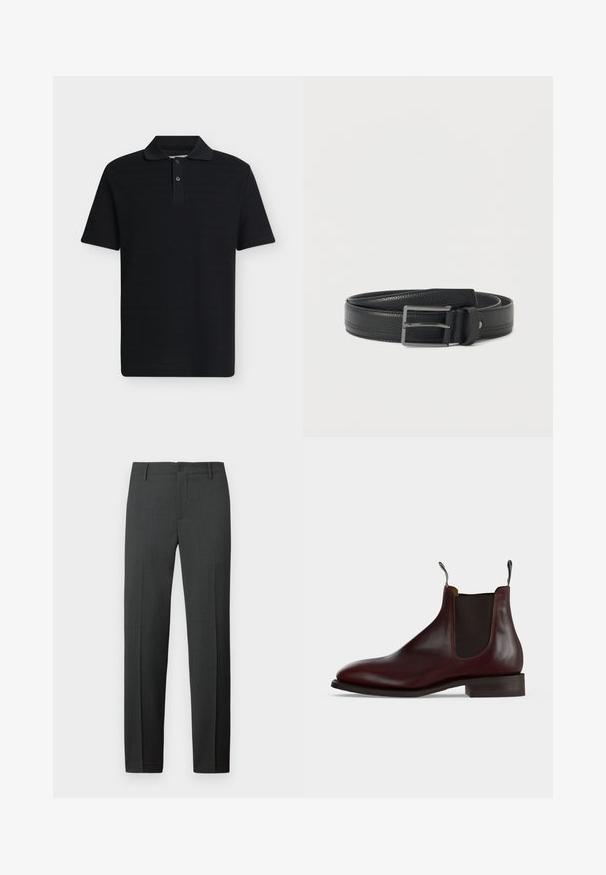 Polo noir manches courtes avec une patte à deux boutons et un col classique, présenté sur un fond gris clair uni.; Pantalon gris foncé sur mesure en tissu lisse. Comprend une fermeture à boutons, des passants pour ceinture et des jambes droites pour une coupe classique.; Bottine Chelsea en cuir marron foncé avec panneau latéral élastique, talon bas et languettes à l'avant et à l'arrière.; Ceinturon en cuir noir texturé enroulé avec une boucle à double pointe en métal argenté et des détails de couture sur un fond blanc.