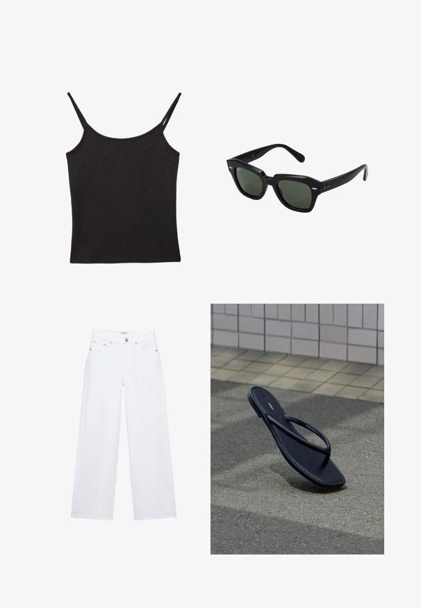 Haut caraco en tissu côtelé noir avec fines bretelles doubles et un décolleté droit, posé à plat sur fond blanc.; Jean blanc taille haute à jambes larges avec fermeture à boutons et zip, poches avant et arrière, et détails en rivets argentés.; Une sandale noire en tongs isolée reposant sur un sol en pavé gris texturé à côté d'un mur carrelé beige en extérieur.; Lunettes de soleil carrées noires avec des verres vert foncé, présentant des montures audacieuses et des accents argentés sur les côtés. Fabriquées en Italie.