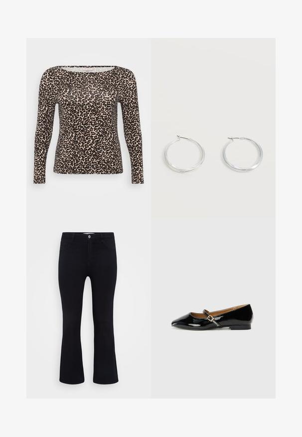Dlhý rukáv top z ľahkej látky s béžovým podkladom a čiernym leopardím vzorom a širokým, zaobleným výstrihom.; ONLY Carmakoma Flared fit CARTHUNDER Mid waist - Zvonové džínsy - black denim; Čierne lakované baleríny s špicatou špičkou, remienkom okolo členka s zlatým prackou a nízkym blokovým podpätkom. Hladký, lesklý povrch.; Strieborné kovové kruhové náušnice s hladkým, mierne zakriveným povrchom a zapínaním na poistku na jednoduchom bielom pozadí.