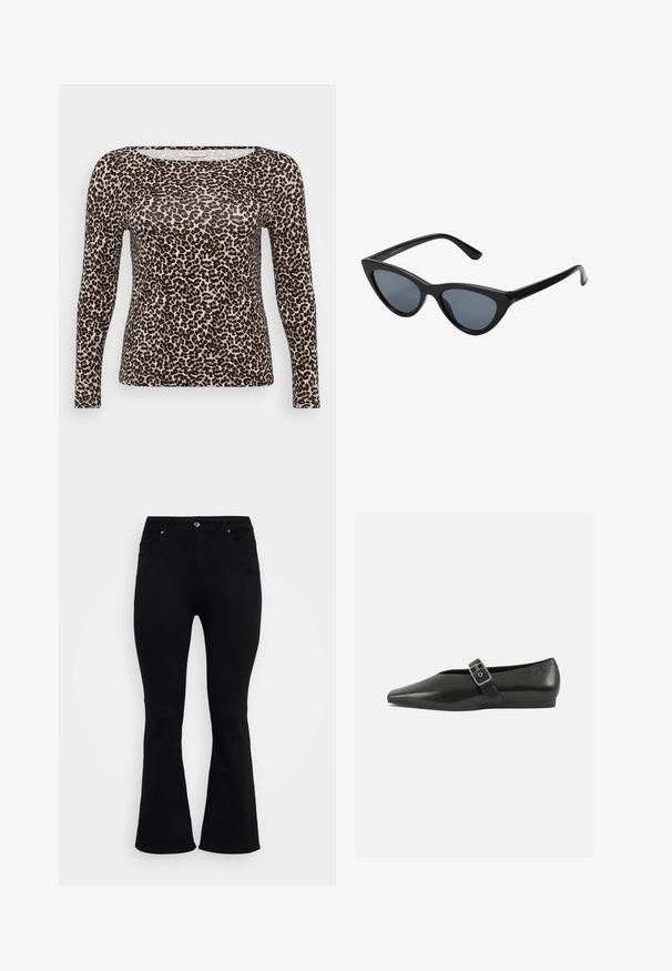 Langärmliges Oberteil aus leichtem Stoff mit beigem Grundton und schwarzem Leopardenmuster sowie einem breiten, abgerundeten Halsausschnitt.; ONLY Carmakoma Flared fit CARWILLY High waist - Flared Jeans - black denim; Schwarze Lederflachschuhe mit spitzem Zehenbereich, ausgestattet mit einem metallischen Riemen über dem Spann und einer niedrigen, flexiblen Sohle.; Schwarze Cat-Eye-Sonnenbrille mit dunkelgrauen Gläsern, schlankem Kunststoffrahmen, spitzen Ecken und geraden Bügeln. Keine sichtbaren Befestigungen oder Akzente.
