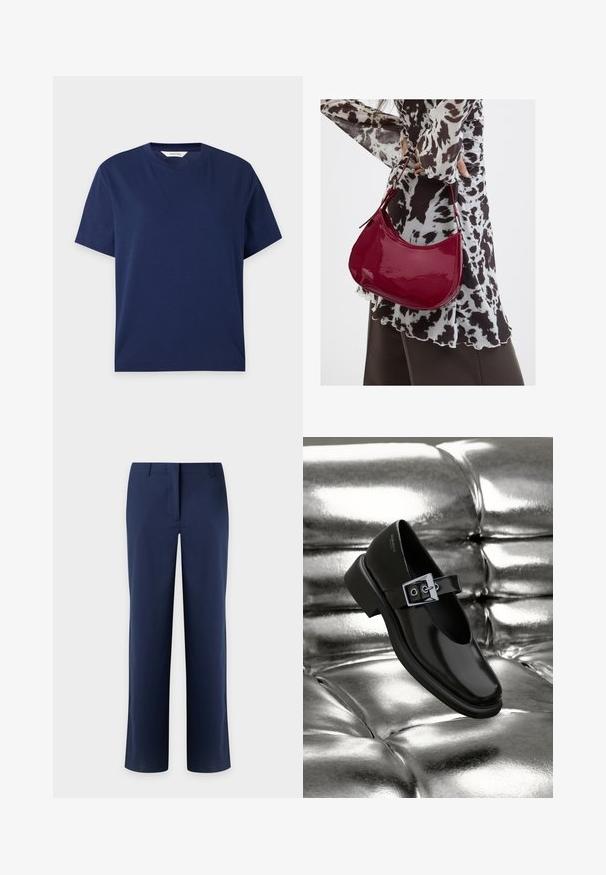 T-shirt en coton bleu marine à manches courtes avec col rond et design simple, posé à plat sur fond blanc.; Pantalon bleu marine à jambes droites avec passants de ceinture et fermeture avant dissimulée, présenté sur un fond clair.; Chaussure Mary Jane en cuir noir avec un bout carré, un accent de boucle en argent et un talon bas épais, sur un fond argenté brillant.; Femme portant un chemisier à motif noir et blanc tenant un sac à main rouge brillant sur un fond uni.