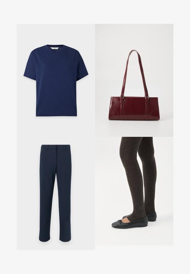 T-shirt en coton bleu marine à manches courtes avec col rond et design simple, posé à plat sur fond blanc.; Pantalon bleu marine en tissu lisse, doté d'une coupe droite, de passants pour ceinture et de poches avant, avec un design épuré et minimaliste.; Jambes portant des leggings côtelés foncés associés à des ballerines noires avec de petits détails en nœud sur fond blanc.; Sac à main bordeaux en matériau brillant, de forme rectangulaire, avec deux anses et des accents légèrement courbés à l'avant.