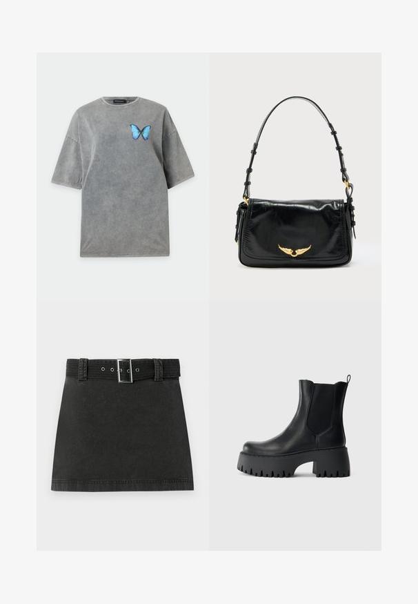 Graues oversized T-Shirt mit kurzen Ärmeln, rundem Ausschnitt und einem kleinen blauen Schmetterling auf der linken Brust.; Schwarzer Denim-Minirock mit passendem Gürtel, der eine metallische Schnalle und Gürtelschlaufen aufweist, flach auf einem weißen Hintergrund präsentiert.; Schwarze Leder-Stiefelette mit dickem Profilsohle, elastischen seitlichen Einsätzen, Fersenlasche und klobigem, erhöhtem Absatz.; Schwarze Ledertasche mit abgerundetem Überschlag, verziert mit einem goldfarbenen Flügelakzent, verstellbarem Riemen und glatter, glänzender Textur.