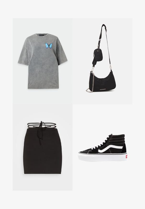 Sivá oversized tričko s krátkym rukávom, okrúhlym výstrihom a malým modrým motýľom potlačeným na ľavom hrudníku.; Noisy May NMCELESTE CHAIN DETAILS SKRIT - Minisukňa - black; Čierne vysoké tenisky s bielymi šnúrkami, bielym logom a kontrastným bielym prešívaním. Majú hrubú bielu podrážku a textúrovaný semišový zvršok.; Čierna nylonová taška cez rameno so zakriveným tvarom, strieborným reťazovým akcentom, odnímateľnou mini taškou a nastaviteľným popruhom; má logo "Steve Madden".