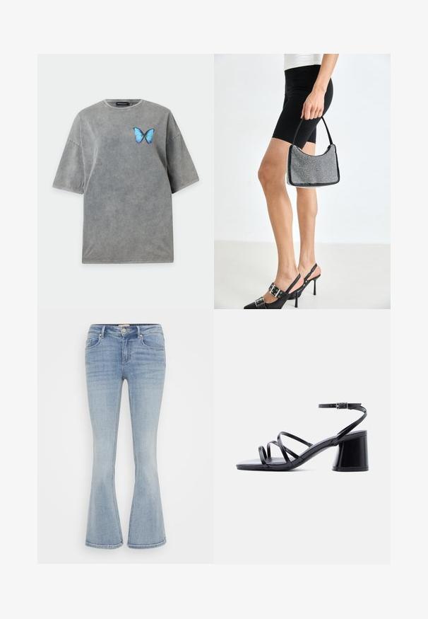 Graues oversized T-Shirt mit kurzen Ärmeln, rundem Ausschnitt und einem kleinen blauen Schmetterling auf der linken Brust.; Hellblaue Jeans mit weitem Bein, schmaler Taille, fünf Taschen und dezentem Farbverlauf. Sie verfügen über kontrastierende Nähte und einen klassischen Knopfverschluss.; Schwarze Damensandale mit Blockabsatz, drei dünnen Riemen über den Zehen und Knöchelriemen mit silberner Schnalle vor weißem Hintergrund.; Schwarze Perlen-Handtasche mit geschwungener Silhouette, Tragegriff und glänzender Textur. Kombiniert mit schwarzen High Heels und enganliegenden schwarzen Shorts.