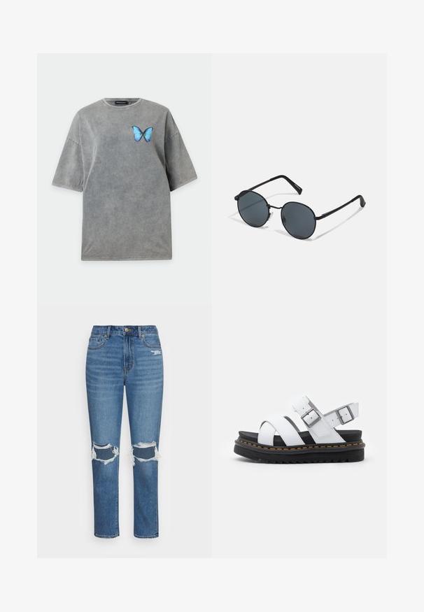 Sivá oversized tričko s krátkym rukávom, okrúhlym výstrihom a malým modrým motýľom potlačeným na ľavom hrudníku.; American Eagle MOM - Slimfit džínsy - cool classic; Biele kožené sandále s nastaviteľnými prackami, vrstvenou čiernou platformou a oranžovým prešívaním pozdĺž okraja.; Čierne slnečné okuliare s okrúhlymi šošovkami, tmavo tónovanými, so štíhlymi ramenami a nastaviteľnými nosnými podložkami, s minimalistickým dizajnom a bez viditeľného brandingu.