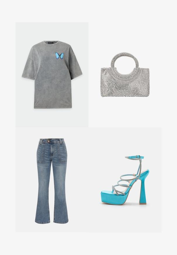 Graues oversized T-Shirt mit kurzen Ärmeln, rundem Ausschnitt und einem kleinen blauen Schmetterling auf der linken Brust.; Blaue Denim-Jeans mit hoher Taille, vorderen aufgesetzten Taschen, Knopf- und Reißverschluss und einem leicht ausgestellten Bein-Silhouette.; RAID FIORA - High Heel Sandalette - blue; Rechteckige silberne Handtasche mit abgerundetem Griff, vollständig bedeckt mit kleinen glänzenden Strasssteinen und Perlenverzierungen.