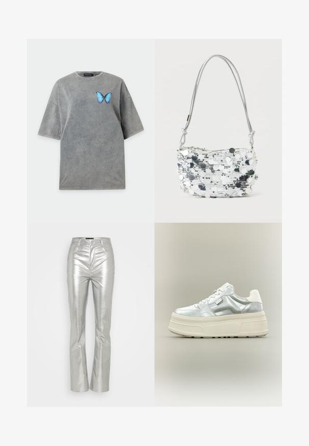 Sivá oversized tričko s krátkym rukávom, okrúhlym výstrihom a malým modrým motýľom potlačeným na ľavom hrudníku.; Gina Tricot TROUSERS - Nohavice - silver; Robustná platformová teniska s kovovým strieborným zvrškom, bielymi šnúrkami a hrubou krémovou textúrovanou podrážkou, zobrazená z bočného profilu na neutrálnom pozadí.; Strieborná kabelka so sequinkami, zaobleným tvarom, zapínaním na zips a tenkým kovovým remienkom. Má reflexné kruhové prvky a textúrovaný povrch.