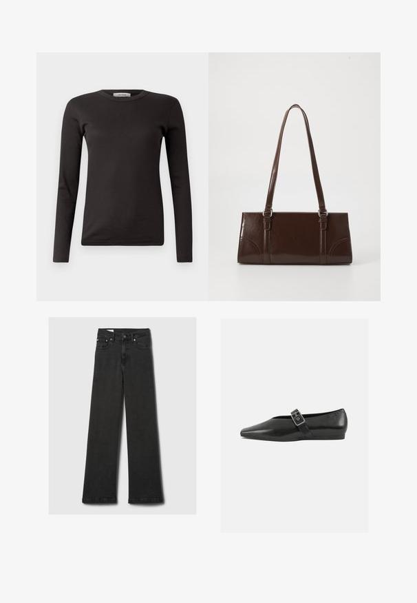 Schwarzes langärmeliges jersey T-Shirt mit Rundhalsausschnitt, aus weichem Stoff, mit einem schlichten Design ohne Verzierungen oder Muster.; Schwarz-hochgeschnittene gerade Jeans mit fünf Taschen und kupferfarbenen Nieten, flach auf einem hellgrauen Hintergrund ausgelegt.; Schwarze Lederflachschuhe mit spitzem Zehenbereich, ausgestattet mit einem metallischen Riemen über dem Spann und einer niedrigen, flexiblen Sohle.; Braune Lackleder-Handtasche in rechteckiger Form, mit zwei langen Griffen und subtilen, geschwungenen Akzenten auf der Vorderseite.