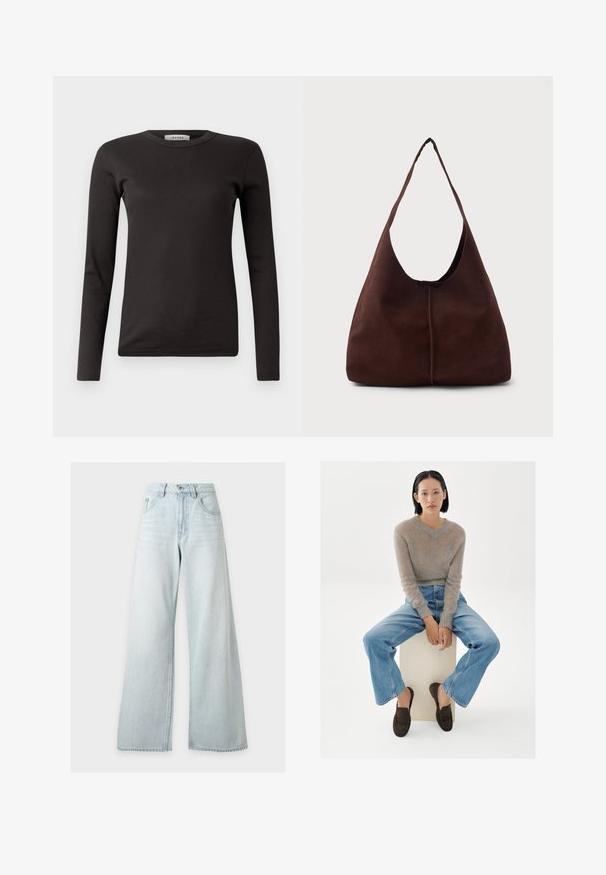Sort langærmet ribbet T-shirt med rund halsudskæring, lavet af blødt stof, med et enkelt design uden udsmykninger eller mønstre.; Lyseblå højhåndede vidde jeans med forreste knap og lynlås, forlommer og bæltestropper på hvid baggrund.; Ung kvinde med kort sort hår sidder på en hvid klods iført en beige blød sweater, blå jeans og mørkebrune loafers mod en hvid baggrund.; Brun suedette hobo taske med en stor, buet åbning og en bred skulderrem. Har en centreret søm på forsiden. Glat tekstur.