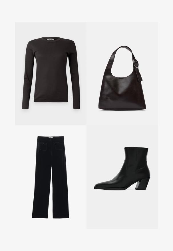 Camiseta de manga larga negra de canalé con cuello redondo, hecha de una tela suave, con un diseño básico sin adornos ni patrones.; Pantalones de terciopelo negro de pierna ancha con dos bolsillos traseros y una textura suave, con un corte recto y un acabado dobladillo en los tobillos.; Bota de tobillo de cuero negro con punta afilada, una silueta elegante y un tacón cuadrado grueso. Textura suave con detalles de costura mínimos.; Bolso de hombro de cuero marrón con una textura suave, forma redondeada, asa ancha y un acento metálico circular en el mango.