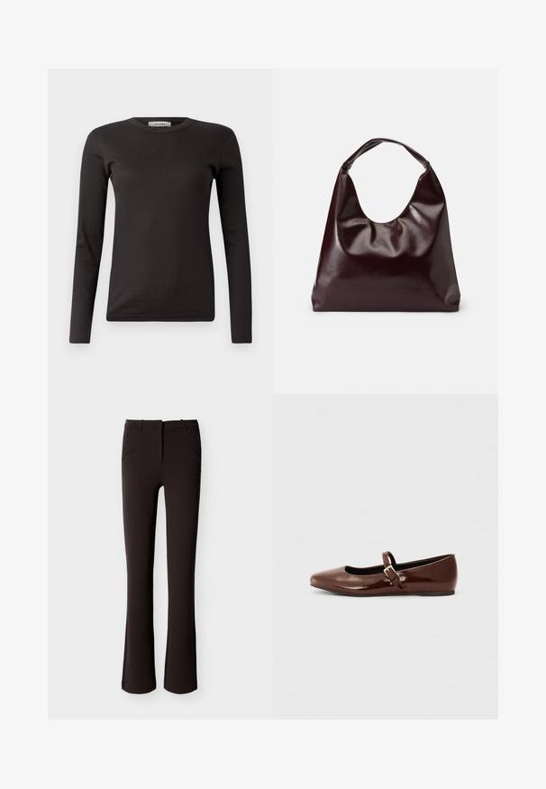 Schwarzes langärmeliges jersey T-Shirt mit Rundhalsausschnitt, aus weichem Stoff, mit einem schlichten Design ohne Verzierungen oder Muster.; Schwarze Slim-Fit-Hose mit leicht ausgestelltem Bein, Frontreißverschluss und Gürtelschlaufen, flach auf weißem Hintergrund präsentiert.; Braune Lackleder-Ballerinas mit quadratischer Zehenform und Riemen mit einer kleinen goldenen Schnalle. Glatte Textur, niedriger Absatz und minimalistisches Design.; Burgunderfarbene, glänzende tote Bag aus veganem Leder mit einer weichen, skulpturalen Form und einem breiten, geschwungenen Henkel für einfaches Tragen.