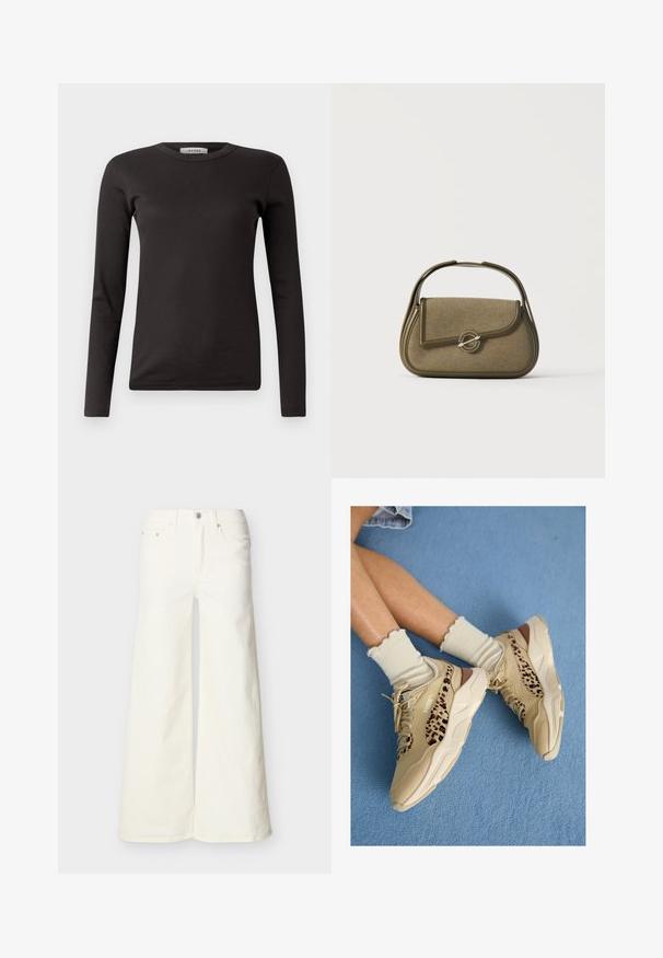 Sort langærmet ribbet T-shirt med rund halsudskæring, lavet af blødt stof, med et enkelt design uden udsmykninger eller mønstre.; Hvide denimbukser med vide ben, fem lommer og knappelukning, vist fladt mod en lys baggrund.; Benen krydset iført beige Puma-sneakers med leopardstriber og flæset cremefarvede sokker på et blåt tæppebelagt gulv.; Lille olivengrøn håndtaske med afrundede kanter, et topgreb og en klaplukning sikret med en cirkulær metalbeslag.