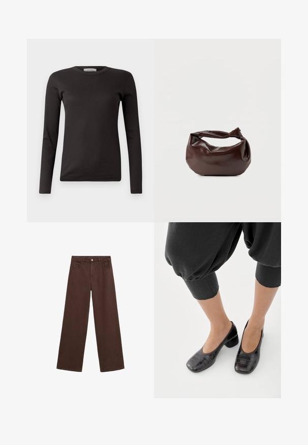 Schwarzes langärmeliges jersey T-Shirt mit Rundhalsausschnitt, aus weichem Stoff, mit einem schlichten Design ohne Verzierungen oder Muster.; Braune, weit geschnittene Hosen aus Denim mit Knopfverschluss, Gürtelschlaufen und Fronttaschen. Glatte Textur mit gleichmäßiger Farbgebung.; Füße, die schwarze, quadratische Schuhe mit niedrigem Blockabsatz und Krokodilmuster sowie gekürzte schwarze Hosen vor weißem Hintergrund tragen.; Dunkelbraune Lederschultertasche mit weicher, lockerer Form und einem gedrehten Knotengriff vor schlichtem weißem Hintergrund.