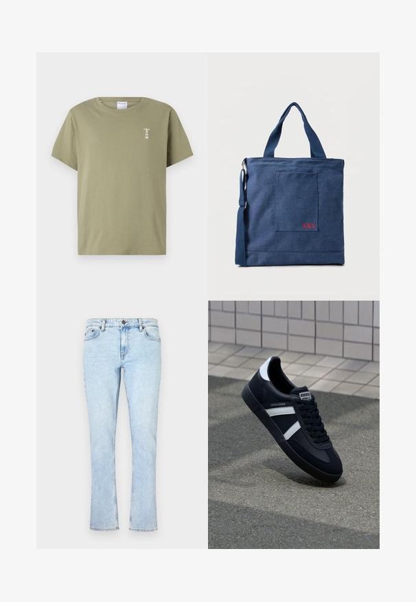 Olijfgroene katoenen T-shirt met een ronde hals en korte mouwen. Toont een kleine witte graphic op de linkerkant van de borst.; Lichtblauwe denim jeans met een rechte pijp, voorzien van een knoopsluiting, vijf zakken en subtiele vervaging voor textuur.; Zwarte leren sneaker met witte strepen, een gestructureerde rubberen zool en vetersluiting aan de voorkant. Voorzien van een merklabel op de tong.; Blauwe canvas tas met voorvak en rode "O.N.S" borduring, voorzien van dubbele handvatten en een verstelbare schouderriem.