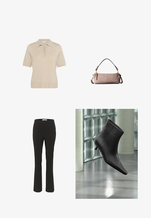 Polo en maille beige avec un col en V et des manches courtes. Doté d'un col et d'un ourlet côtelé, fabriqué à partir d'un tissu doux et texturé.; Pantalons noirs ajustés avec une coupe slim, bas évasé, devant plat et sans poches visibles. Fabriqués en tissu lisse avec des coutures minimales.; Bottine en cuir noir avec bout pointu et petit talon, présentée devant un mur en blocs de verre et un sol poli.; Petit sac à main rectangulaire en daim taupe avec de courtes anses marron et des anneaux dorés, fermeture zippée et logo discret Calvin Klein.