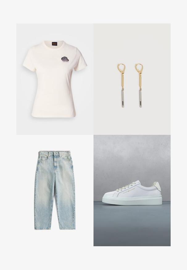 T-shirt en coton blanc avec un col rond et des manches courtes. Présente un design de nuage en broderie noire avec des détails en frange sur la poitrine.; Jean en denim bleu clair avec une taille haute, une coupe droite, une texture délavée et cinq poches, avec un bouton avant et une fermeture éclair.; Baskets blanches Tommy Hilfiger à semelle épaisse et lacets, présentées au-dessus d'un sol en bois à motifs et de galets en plein air.; Boucles d'oreilles pendantes en or et argent avec fermoirs à levier, présentant une barre en or reliée à une barre en argent gravée "DKNY" sur un fond blanc.