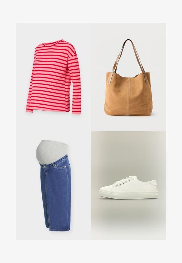 MAMALICIOUS Regular Fit Round Neck - Pullover - racing red; Jupe de maternité en denim bleu avec ceinture extensible grise conçue pour s'adapter au ventre d'une femme enceinte, vue de côté.; Baskets basses blanches avec lacets blancs et semelle en caoutchouc, vues de côté sur un fond neutre.; Sac fourre-tout en daim beige avec de longues anses en cuir marron clair, texture douce et couture simple sur un fond blanc uni.