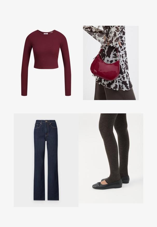 Bordeaux crop top, lange ærmer, ribbet tekstur, rund halsudskæring, blødt materiale, tætsiddende design. Etiketter vist ved halsen.; Mørkeblå denim jeans med lige ben, featuring en frontlukning med knap, fem lommer og kontrasterende syninger.; Ben iført mørke ribbede leggings kombineret med sorte balletsko med små sløjfedetaljer på hvid baggrund.; Kvinde iført en sort- og hvidmønstret bluse, der holder en blank rød skuldertaske mod en ensfarvet baggrund.