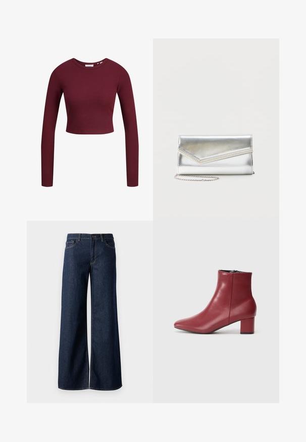 Burgundská crop top, dlhé rukávy, rebrovaná textúra, okrúhly výstrih, mäkký materiál, priliehavý dizajn. Nápisy viditeľné na krku.; Džínsy s širokými nohavicami v tmavomodrom denime. Obsahujú kontrastné prešívanie, päť vreciek a gombíkový zips v oblasti pása. Hladká textúra.; Červená kožená členková čižma s špicatou špičkou a blokovým podpätkom. Má jemný lesk a čierny interiér s bočným zipsom.; Lesklá strieborná kabelka s obálkovým chlopňovým uzáverom a dekoratívnym lemom, malý strieborný reťazový remienok, na jednoduchom svetlom pozadí.
