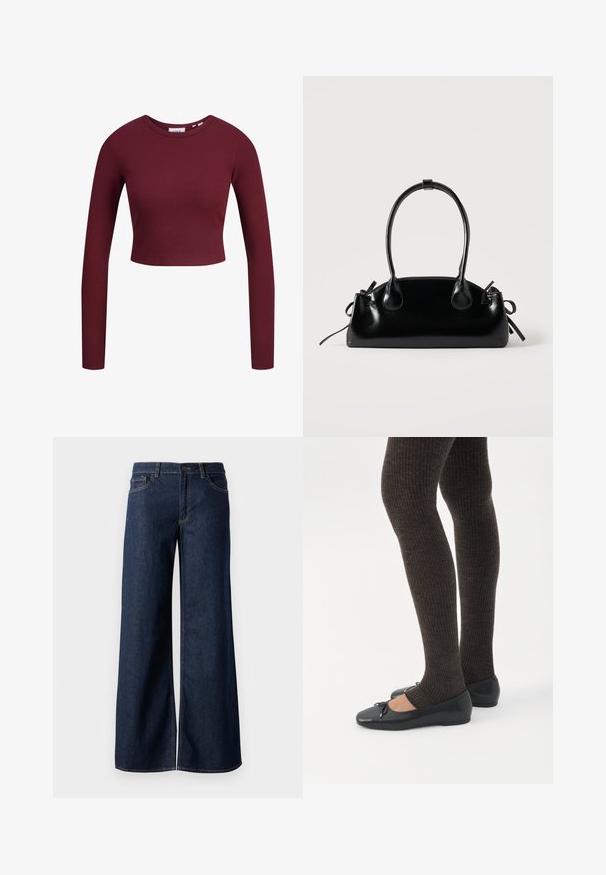Burgundská crop top, dlhé rukávy, rebrovaná textúra, okrúhly výstrih, mäkký materiál, priliehavý dizajn. Nápisy viditeľné na krku.; Džínsy s širokými nohavicami v tmavomodrom denime. Obsahujú kontrastné prešívanie, päť vreciek a gombíkový zips v oblasti pása. Hladká textúra.; Nohy v tmavých pásikavých legínach v kombinácii s čiernymi balerínkami s malými mašličkami na bielom pozadí.; Malá čierna lesklá kabelka s dvoma dlhými rúčkami a bočnými šnúrkovými detailmi na jednoduchom svetlom pozadí.