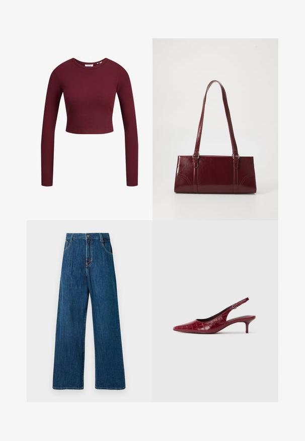 Burgundská crop top, dlhé rukávy, rebrovaná textúra, okrúhly výstrih, mäkký materiál, priliehavý dizajn. Nápisy viditeľné na krku.; Široké denimové nohavice v tmavomodrej farbe, so zapínaním na gombík, piatimi vreckami a viditeľnými švovými detailmi. Hladká textúra. Bez ozdôb.; Burgundská kožená slingback obuv s krokodílovou textúrou, špicatá špička, nastaviteľný popruh s prackou a nízky kitten podpätok na bielom pozadí.; Bordová kabelka vyrobená z lesklého materiálu, obdĺžnikový tvar, s dvoma ramennými popruhmi a jemnými zakrivenými akcentmi na prednej strane.