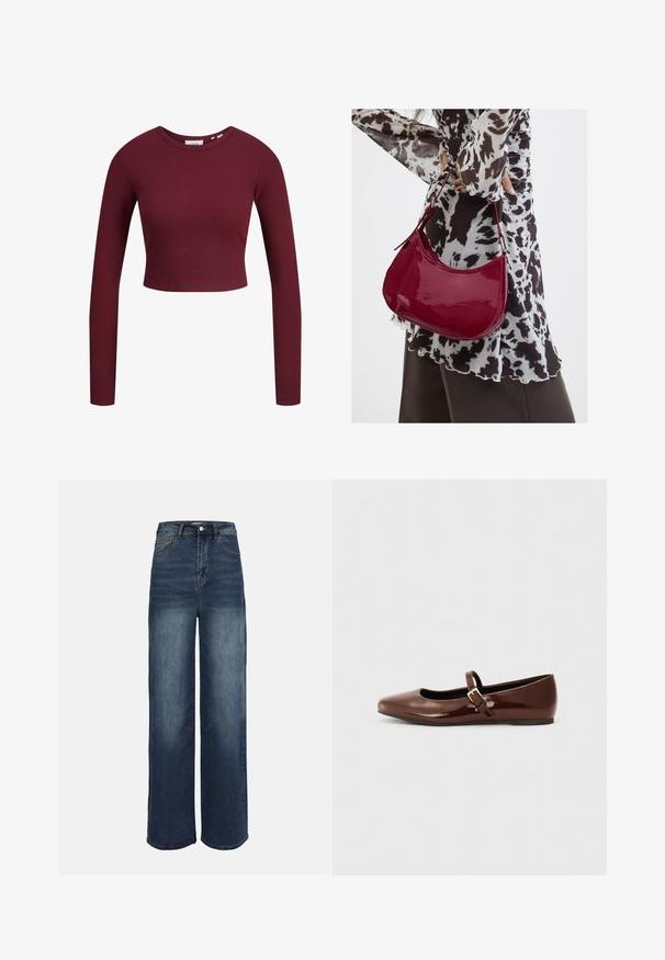 Burgundská crop top, dlhé rukávy, rebrovaná textúra, okrúhly výstrih, mäkký materiál, priliehavý dizajn. Nápisy viditeľné na krku.; Džínsy s širokými nohavicami v tmavomodrom denime, s vysokým pásom, prešitými detailmi a vyblednutým gradientným efektom smerom k spodnej časti nohavíc.; Hnedé lakované baletky s hranatou špičkou a pásikom s malou zlatou prackou. Hladká textúra, nízky podpätok a minimalistický dizajn.; Žena v čierno-bielom vzorovanom blúzke drží lesklú červenú kabelku cez rameno na jednofarebnom pozadí.
