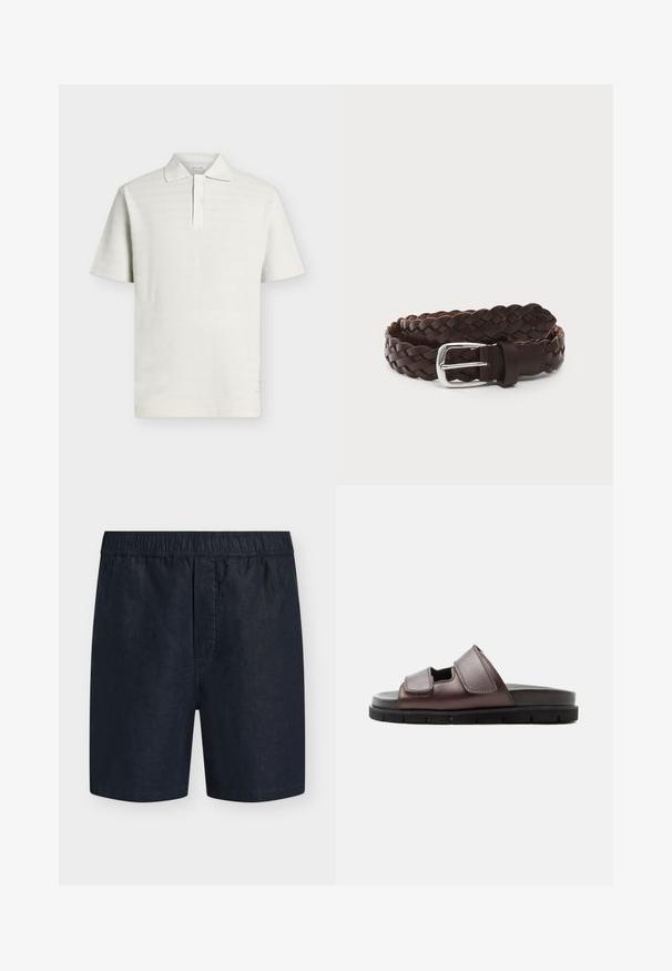 Polo à manches courtes texturé écru avec patte à deux boutons et col classique sur fond uni.; Shorts pour homme bleu marine avec taille élastique et sans poches visibles, présentés sur un fond clair uni.; Sandale en cuir marron avec deux brides Velcro ajustables et une semelle noire coussinée sur fond blanc.; Ceinture en cuir tressé marron avec une boucle en métal argenté brillant, présentant une texture tressée et une finition lisse sur la sangle de la boucle.