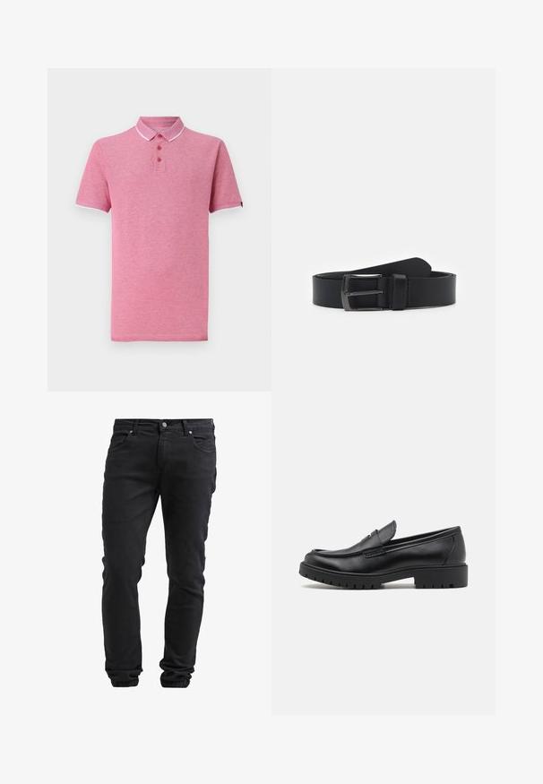 Lyserød polo T-shirt med korte ærmer, ribbet krave, tre-knaps knappemodel og kontrasterende hvid trim ved kraven og ærmerne.; Sorte slim-fit jeans med knap- og lynlås-lukning, fem lommer og elastiske manchetter ved anklerne.; Sorte læder loafers med rund tå, slip-on design og tyk gummisål med tekstureret greb. Forhøjet hæl og subtile syninger.; Sort læderbælte med en glat tekstur, der har en spænde i sølvfarvet metal og et klassisk design. Justerbar længde, minimalistisk stil.