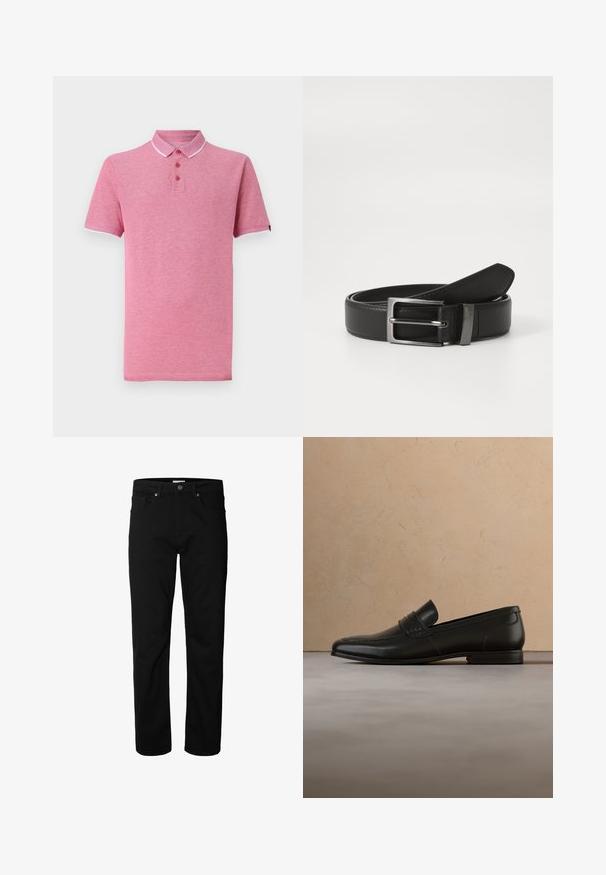 Camisa polo rosa de manga corta, con cuello acanalado, tapeta de tres botones y ribete blanco contrastante en el cuello y las mangas.; Vaqueros negros de corte recto con cierre de botón y cremallera, pasadores para cinturón y bolsillos delanteros y traseros, mostrados sobre un fondo blanco liso.; Zapato mocasín de cuero negro suspendido en el aire sobre una alfombra beige con un sofá beige de fondo.; Cinturón de cuero negro con hebilla de metal plateada, que presenta un acabado suave y un diseño clásico. El cinturón está neatly doblado.