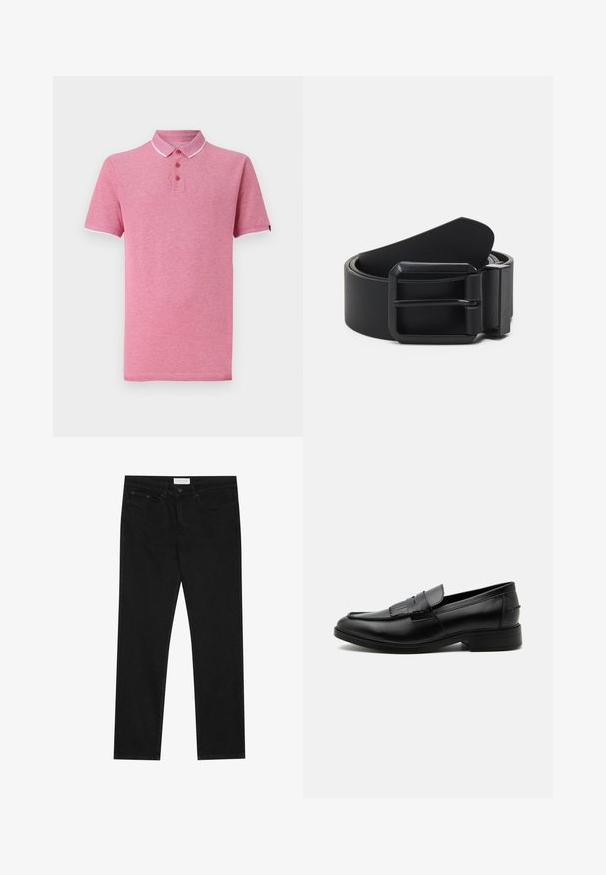 Lyserød polo T-shirt med korte ærmer, ribbet krave, tre-knaps knappemodel og kontrasterende hvid trim ved kraven og ærmerne.; Sorte lige ben jeans med fem-lomme design, knap- og lynlåslukning samt et Pier One mærkeetiket på taljen.; Sort læder herre loafers med kvast detalje, rundet tå, lav hæl og glat poleret finish, vist fra siden på hvid baggrund.; Sort læderbælte med en mat sort metalspænde, der har en flad, glat overflade og en spids ende. Enkel design uden udsmykninger.