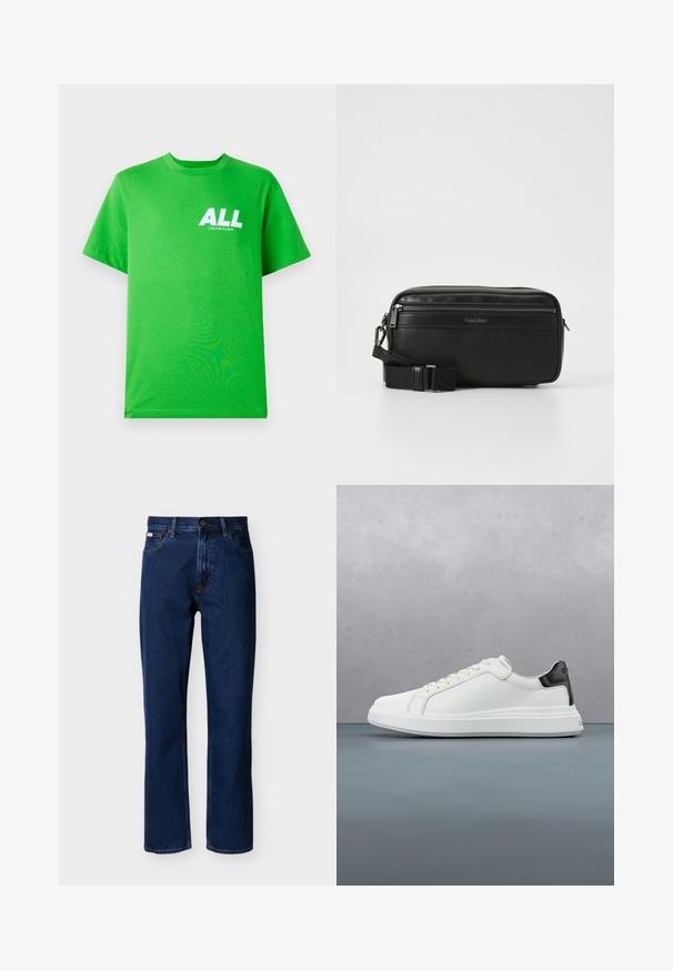 Lysegrøn kortærmet t-shirt med hvid "ALL CALVIN KLEIN" tekst på øverste venstre bryst, præsenteret mod en ensfarvet baggrund.; Mørkeblå jeans med lige ben lavet af denim, med et klassisk design med fem lommer, diskrete syninger og lukning foran med knapper.; Hvide sneakers med en glat læderoverdel og en kontrasterende sort hælaccents. Har flade snørebånd og en tekstureret gummisål.; Sort læder crossover taske med en lynlåslomme, tekstureret overflade, justerbar rem og Calvin Klein-branding på forsiden.