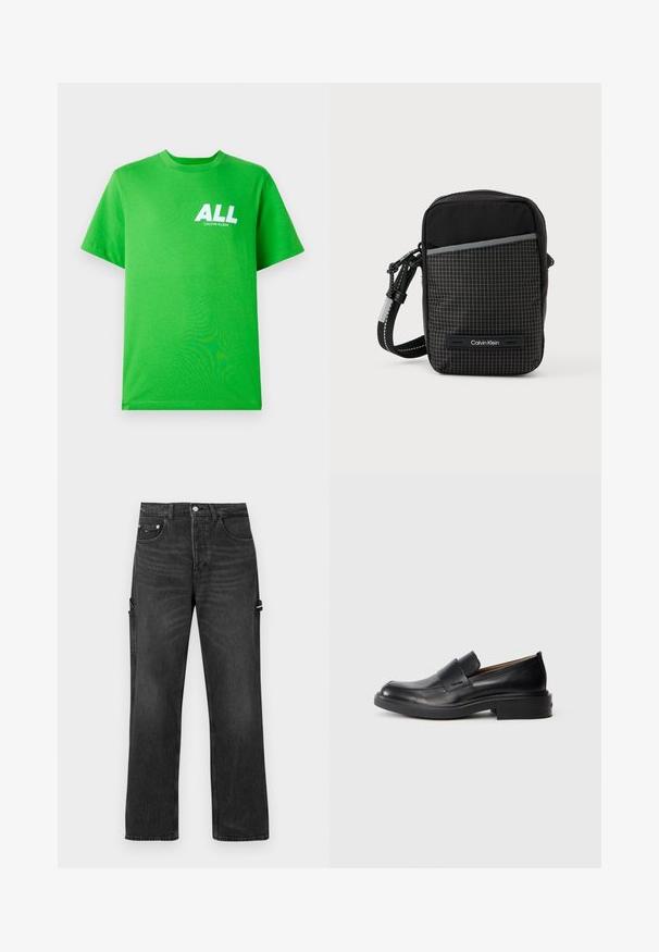 Lysegrøn kortærmet t-shirt med hvid "ALL CALVIN KLEIN" tekst på øverste venstre bryst, præsenteret mod en ensfarvet baggrund.; Sorte denim jeans med lige ben, der har sidelommer og diskrete syninger. Glat tekstur med en let slidt finish.; Sorte læder slip-on dress sko med lav hæl og subtil Calvin Klein logo på siden, vist i profil på en hvid baggrund.; Sort skuldertaske med ternet mønster, lavet af struktureret stof. Har en frontlomme og en logoaccent. Justerbar rem inkluderet.