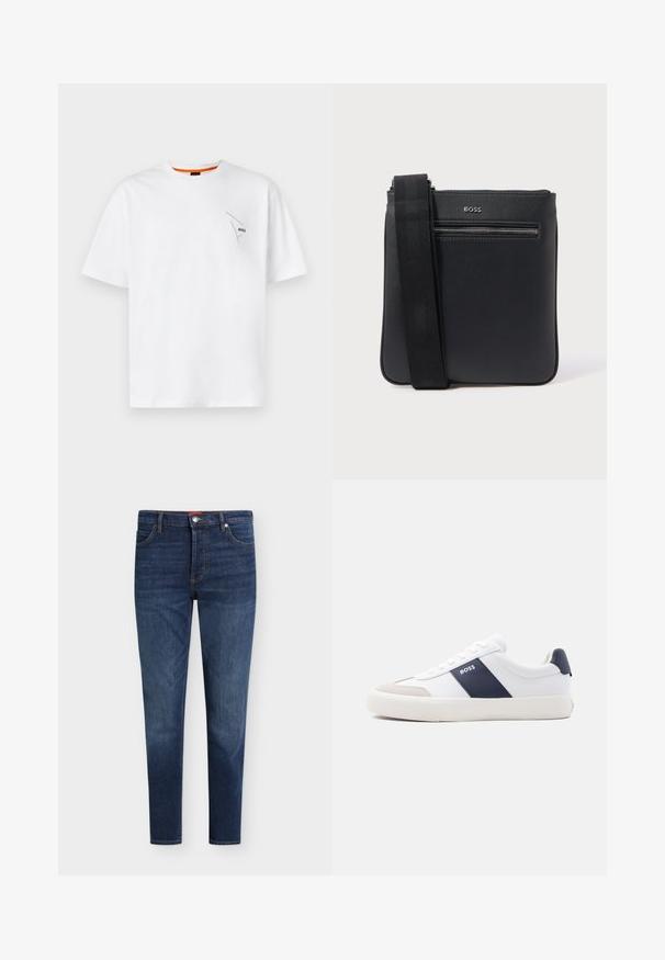 Witte katoenen T-shirt met korte mouwen, ronde halslijn, met een klein zwart logo op de linkerborst en een oranje accent aan de binnenkant van de kraag.; Donkerblauwe slim-fit jeans met voorzakken, riemlussen, knoopsluiting en subtiel vervagen op dijen en knieën.; Witte lage sneaker met marineblauwe zijstreep, "BOSS"-logo, beige neuskap en witte zool, in profiel weergegeven tegen een lichte achtergrond.; Zwarte leren crossbody tas met een gestructureerde afwerking, verstelbare riem en een voorvak met rits. Voorzien van logodetail in zilver.