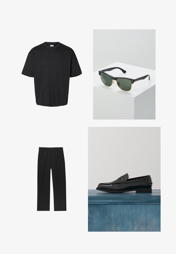 Schwarzes T-Shirt mit kurzen Ärmeln und Rundhalsausschnitt, locker geschnitten und mit sichtbarem weißem Etikett im Kragen.; Schwarze Hose mit geradem Schnitt, aus einem glatten Stoff gefertigt. Verfügt über Vorderfalten und einen einzelnen Knopfverschluss an der Taille.; Schwarze Leder-Loafer mit schlankem Design, ausgestattet mit einer abgesteppten Zehe und einer glatten Oberfläche. Der Schuh verfügt über einen flachen Absatz und minimale Verzierungen.; Ray-Ban Sonnenbrillen mit grünen Gläsern, schwarzen Kunststoffrahmen und goldenen Akzenten an den Rändern. Quadratische Form mit matter Oberfläche.