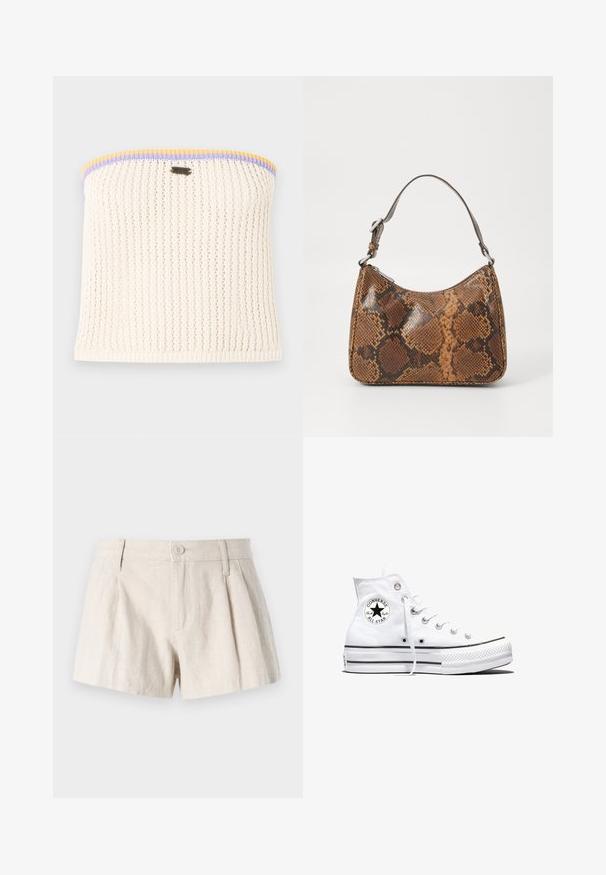 Haut sans bretelles en tricot crème avec une texture côtelée. Accentué de bordures jaunes, violettes et bleues. Comprend un petit logo métallique de la marque.; Shorts en lin de couleur beige clair, dotés d'un design plissé, d'une fermeture à bouton sur le devant et d'une finition lisse et texturée.; Baskets montantes blanches Converse Chuck Taylor All Star avec patch logo noir et lacets blancs, présentées sur fond blanc.; Petit sac à main avec un motif en peau de serpent marron et noir, courroie courte et ajustable, et fermeture éclair.
