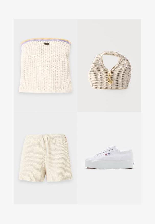 Haut sans bretelles en tricot crème avec une texture côtelée. Accentué de bordures jaunes, violettes et bleues. Comprend un petit logo métallique de la marque.; Shorts en tricot couleur crème avec une texture côtelée, une taille élastique et un cordon de serrage. Présente une petite étiquette d'accent sur le côté.; Baskets en toile blanches avec une épaisse semelle plateforme blanche, bout rond et œillets en métal pour les lacets. Logo de la marque affiché sur le côté.; Sac à main tressé de couleur crème, forme arrondie, poignée courte et fermoir décoratif doré suspendu au centre devant.