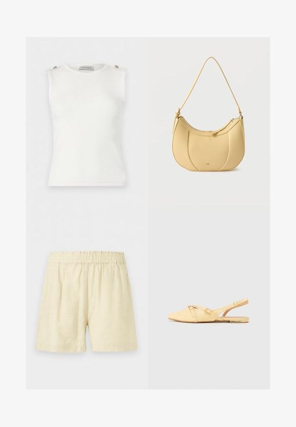 Haut blanc sans manches en côte avec col rond et boutons décoratifs sur les bretelles, étiquette ANNA FIELD.; Short beige à taille élastique, coupe décontractée et longueur mi-cuisse, en tissu léger.; Ballerines jaunes en cuir avec un talon slingback et un bout pointu, présentant deux bretelles croisées et un petit accent métallique sur le talon.; Sac bandoulière jaune en cuir synthétique avec un design incurvé matelassé et une fermeture éclair, présentant une texture lisse et une sangle d'épaule ton sur ton.
