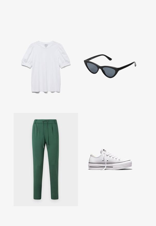 Top blanco de manga corta con cuello redondo y mangas abullonadas. Hecho de una tela suave, presenta una etiqueta con la frase "AWARE".; Pantalones de chándal verdes hechos de una tela suave, con una cinturilla elástica y cordón, piernas ajustadas y detalles de pliegues laterales.; Zapatilla blanca de lona de corte bajo con cordones blancos, suela de goma, detalles de rayas negras y parche de logo en la lengüeta y el talón.; Gafas de sol negras en forma de ojo de gato con lentes gris oscuro, marco de plástico elegante, esquinas puntiagudas y patillas rectas. Sin herrajes ni acentos visibles.