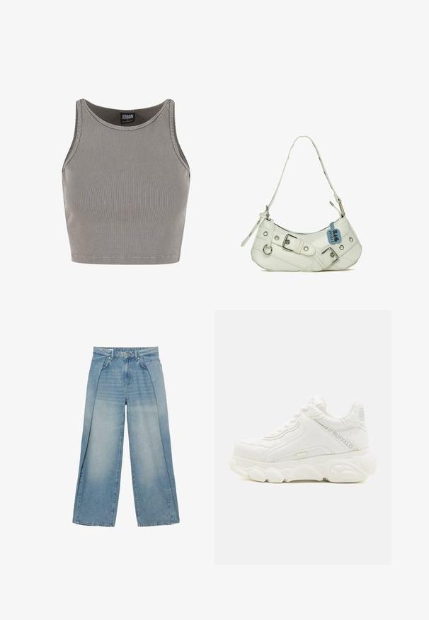 Urban Classics CROPPED - Top - steelgrey; Lyseblå jeans med vide ben og høj talje, foran med knap, lynlåslukning og diskrete falmede detaljer på lår og knæ.; Hvid chunky sneaker med tyk sål, snørelukning og "Buffalo" branding på siden og hælen.; Hvid syntetisk håndtaske med en buet silhuet, justerbar rem, dekorativ spænde, sølv hardware og et blåt mærke fastgjort.