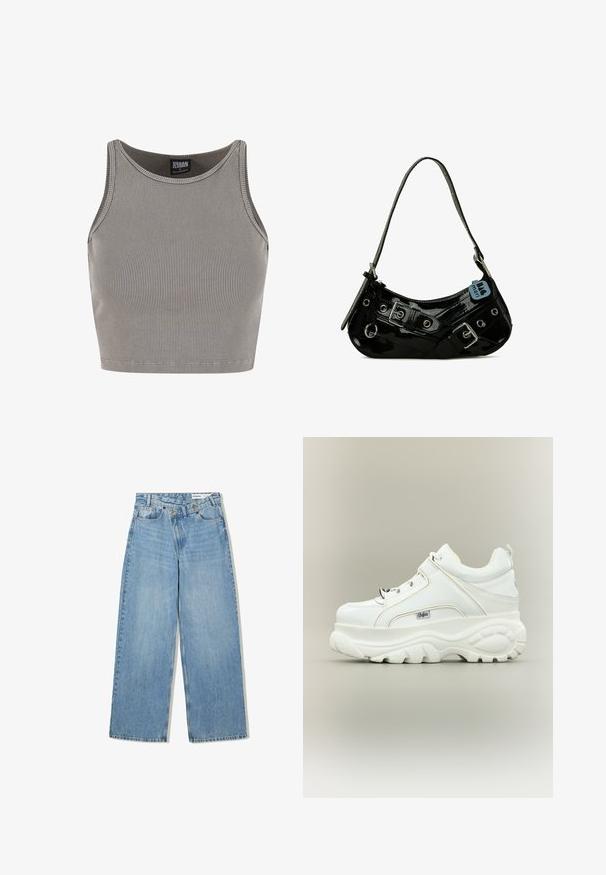 Urban Classics CROPPED - Top - steelgrey; Lyseblå vide denimjeans med høj talje, fem lommer, knaplukning og diskret falmning for tekstur.; Hvid platformsneaker med tyk klodset sål, snørebånd foran og Buffalo-brandlogo på siden, vist fra ydersiden.; Sort lakeret skuldertaske med en buet form, udsmykket med sølvhardware, dekorative spænder og en kort rem. Blå mærkat vedhæftet.
