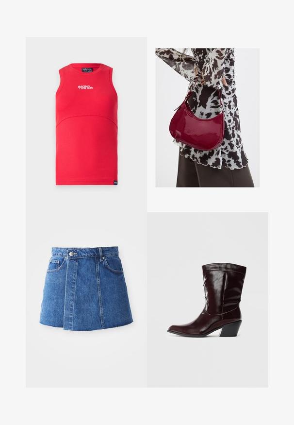 Rød, ærmeløs top med ribbet tekstur. Har en buet søm, en rund halsudskæring og hvid tekst "RACING" på forsiden.; Denim mini nederdel i mellemblå med høj talje, frontknaplukning, to lommer og en rå kant i bunden.; Bordeaux læder ankelstøvler med spids tå, tekstureret overflade og en lav, taperet hæl. Har diskrete søm og en tætsiddende pasform.; Kvinde iført en sort- og hvidmønstret bluse, der holder en blank rød skuldertaske mod en ensfarvet baggrund.