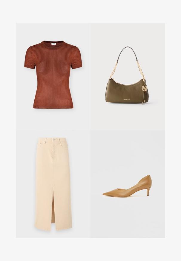 Haut en maille côtelée à manches courtes couleur rouille marron avec un col rond, une silhouette ajustée et des détails de texture subtils.; Jupe midi en jean beige taille haute avec fente à l'avant, passants pour ceinture, fermeture à boutons et à glissière, et poches avant.; Escarpin en cuir marron à bout pointu avec un petit talon, présentant un design ajouré sur le côté pour plus de détails et une texture lisse.; Sac à main en cuir vert olive Michael Kors avec bandoulière chaîne dorée, fermeture éclair et breloque logo MK dorée suspendue.