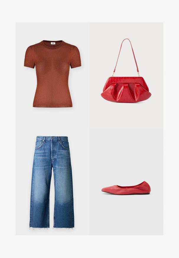 Haut en maille côtelée à manches courtes couleur rouille marron avec un col rond, une silhouette ajustée et des détails de texture subtils.; Jean en denim bleu clair à jambes larges avec un ourlet effiloché, conçu avec cinq poches et une fermeture à bouton à la taille.; Filippa K REY FLATS - Ballerines - bright red; Sac d'épaule en cuir rouge avec une structure rigide, un corps plissé et une fine sangle ajustable, sur un fond uni.
