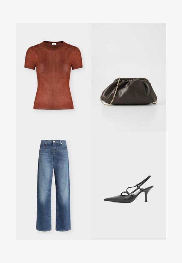 Haut en maille côtelée à manches courtes couleur rouille marron avec un col rond, une silhouette ajustée et des détails de texture subtils.; Jean bleu à jambes larges avec taille haute, fermeture à bouton et zip, poches avant et arrière, et détails légèrement délavés sur les cuisses.; Chaussure à talon haut en cuir noir avec bride arrière, bout pointu, fines lanières et petite boucle argentée sur fond blanc uni.; Sac à main en cuir marron avec un design froncé, une bandoulière en chaîne dorée et une finition douce et texturée. Sa forme compacte est idéale pour une utilisation en soirée.