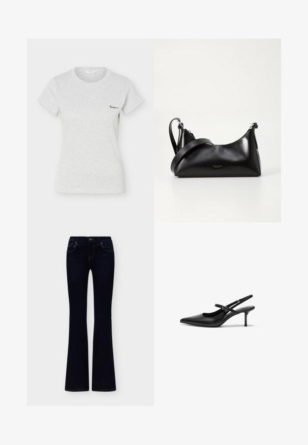 Camiseta de manga corta de color gris claro con tejido acanalado, cuello redondo y pequeño logo negro de "Pepe Jeans" en el lado izquierdo del pecho.; Vaqueros azul oscuro de talle alto para mujer con perneras acampanadas, bolsillos delanteros y costuras en contraste mostrados sobre un fondo liso.; Zapatos de tacón slingback de cuero negro con punta afilada, correa ajustable delgada y un tacón de aguja de aproximadamente 5 cm, textura suave.; Bolso de mano de cuero negro con una textura suave. Cuenta con una correa ajustable y un diseño elegante y minimalista con cierre de cremallera.