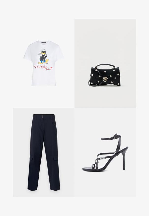 Hvid bomulds t-shirt med en farverig tegneserieillustration af en and i jakkesæt med solbriller, og rød tekst der står "Donald og Karl."; Navy cargo bukser lavet af et vævet materiale, med to sidelommer, knaplukning og lige ben-design.; Sort højhælet sandal med tynde stropper, ankelspænde og en metal-logo detalje på siden af stroppen, sat mod en hvid baggrund.; Sort læderhåndtaske med sølvnitter, et topgreb, aftagelig skulderrem og en sølv dekorativ lås på ensfarvet baggrund.