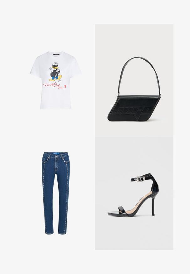 Hvid bomulds t-shirt med en farverig tegneserieillustration af en and i jakkesæt med solbriller, og rød tekst der står "Donald og Karl."; Mørkeblå denim jeans med lige pasform, der har kontrasterende syninger og dekorative nitter langs sidesømmene og forlommerne.; Sort højhælet sandal i laklæder med ankelrem. Har minimalistisk design, åben tå og spænde med rhinsten-detaljer.; Sort skuldertaske i læder med trekantet form, præget logo og en enkelt justerbar rem. Minimalistisk design med glat tekstur.