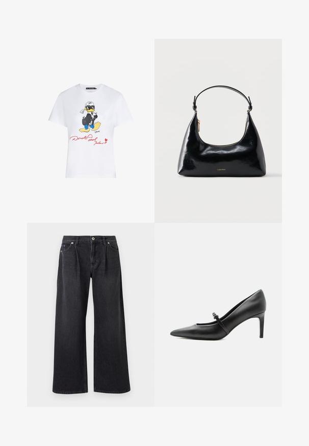 Hvid bomulds t-shirt med en farverig tegneserieillustration af en and i jakkesæt med solbriller, og rød tekst der står "Donald og Karl."; Bredde ben sorte jeans lavet af denim, med knaplukning foran, to frontlommer og en ren finish uden pynt.; Sort læderspids højhælede sko med tynd rem og spænde over vristen, stående på en neutral lys baggrund.; Sort blank Calvin Klein håndtaske med gyldent lynlås og kort rem mod en ensfarvet hvid baggrund.